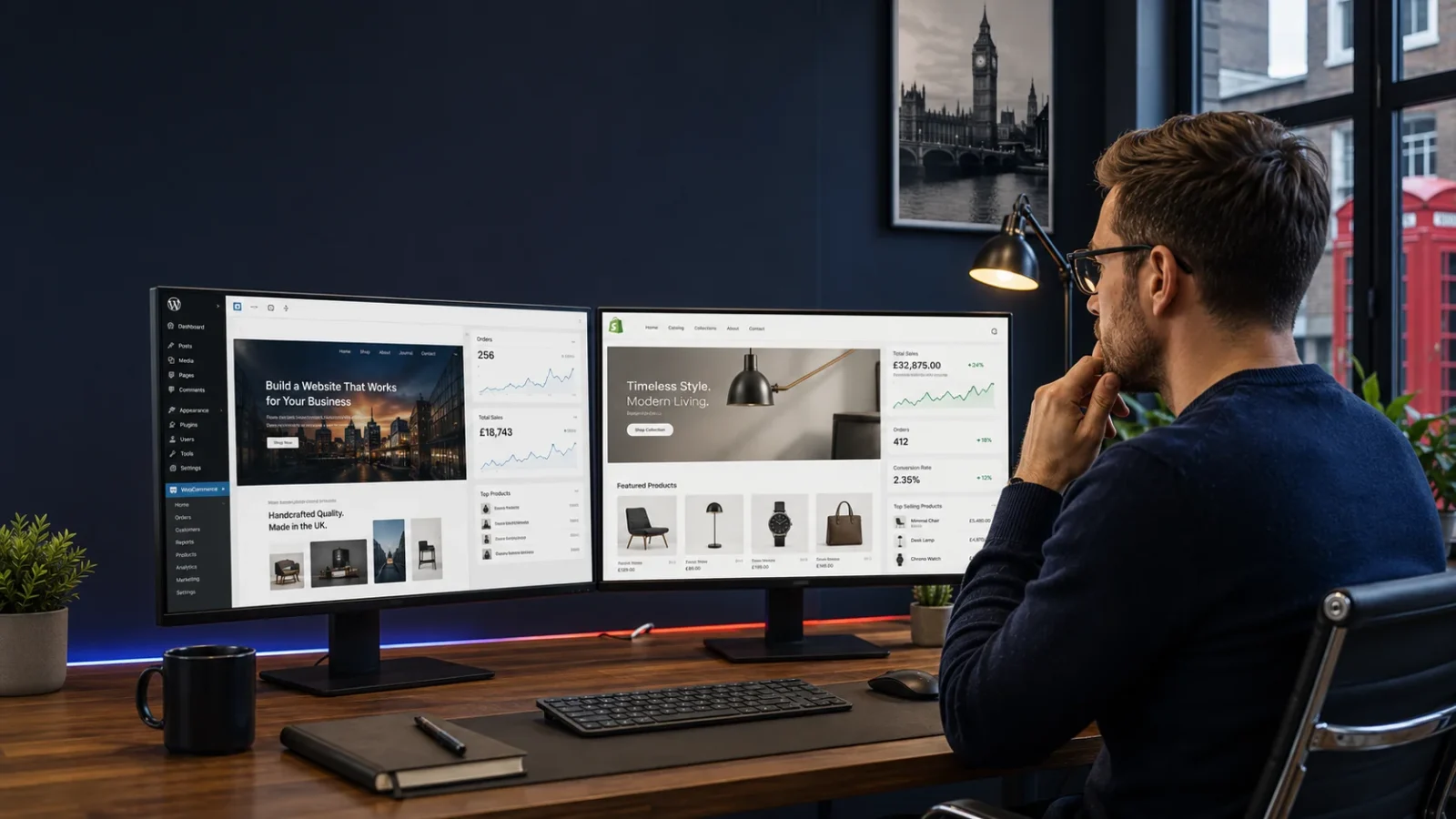 UK business owner comparing WordPress and Shopify ecommerce platforms