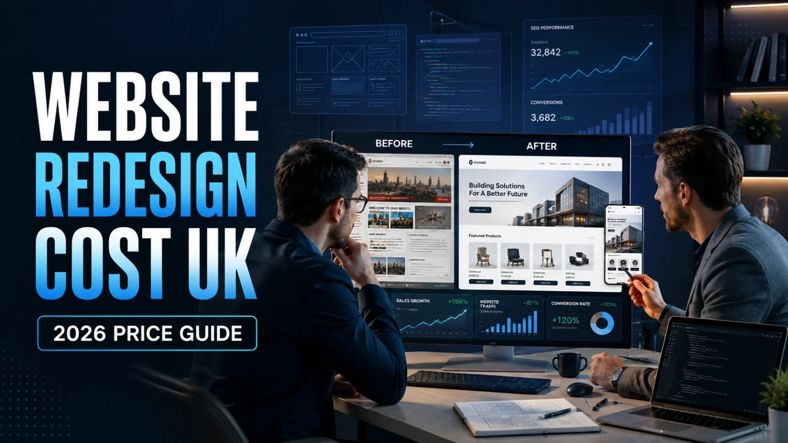UK business owner reviewing website redesign options with a web designer
