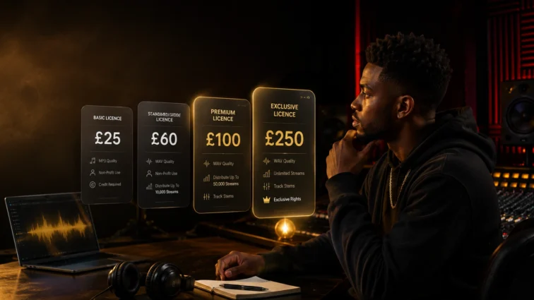 Independent artist comparing beat license costs from £25 to £250