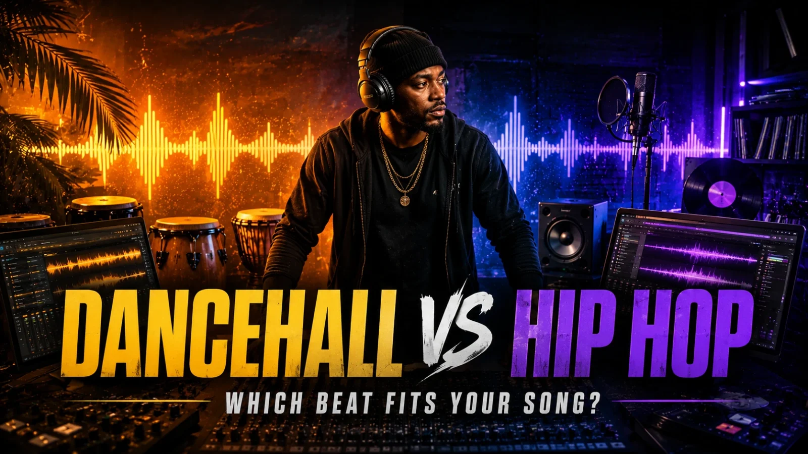 Independent artist comparing Dancehall and Hip Hop beats in recording studio