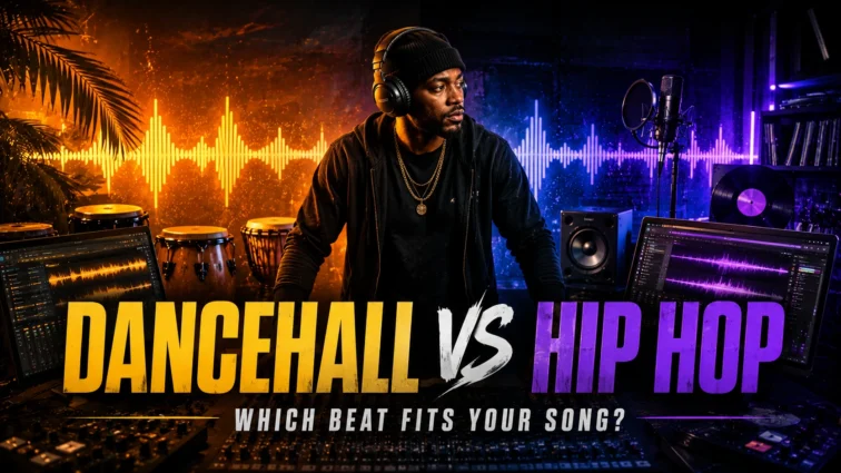 Independent artist comparing Dancehall and Hip Hop beats in recording studio